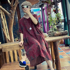 Vintage Cotton Linen Printed Dress, V-Neck Loose Casual Dress