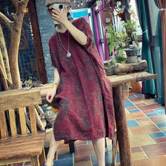 Vintage Cotton Linen Printed Dress, V-Neck Loose Casual Dress