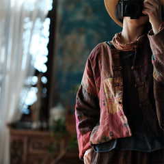 Vintage patchwork linen jacket, loose casual printed cotton and linen jacket