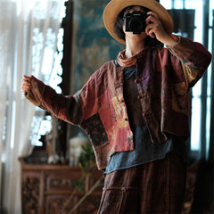 Vintage patchwork linen jacket, loose casual printed cotton and linen jacket