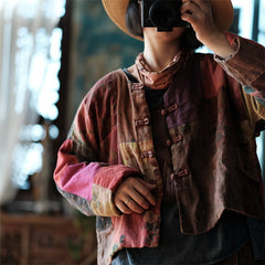 Vintage patchwork linen jacket, loose casual printed cotton and linen jacket