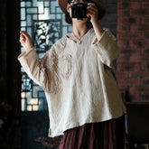 Vintage Patchwork Cotton Linen Shirt, Loose V-Neck Linen Top