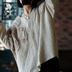 Vintage Patchwork Cotton Linen Shirt, Loose V-Neck Linen Top