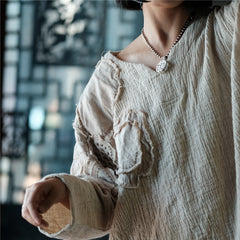 Vintage Patchwork Cotton Linen Shirt, Loose V-Neck Linen Top
