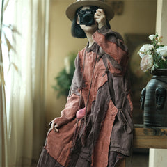 Vintage Patchwork Cotton Linen Dress, Loose Boat Neck Linen Dress