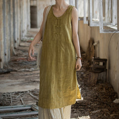 Vintage Stone Washed Cotton Linen Pleated Boat Neck Dress, Summer Chinese Frog Button Sleeveless Dress