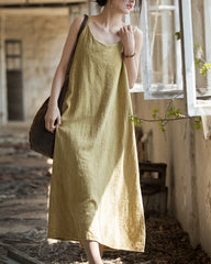 Summer Tie-Dye Sleeveless Dress, Vintage Stonewashed Cotton Linen Pleated Boat Neck Dresses
