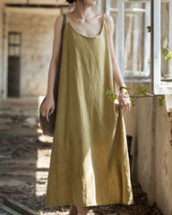 Summer Tie-Dye Sleeveless Dress, Vintage Stonewashed Cotton Linen Pleated Boat Neck Dresses