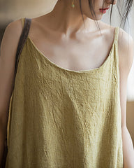 Summer Tie-Dye Sleeveless Dress, Vintage Stonewashed Cotton Linen Pleated Boat Neck Dresses