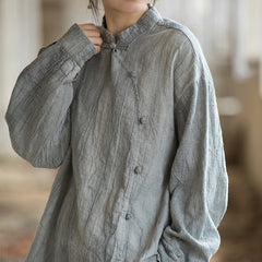Chinese stand-up collar frog button long-sleeved shirt, vintage tie-dye stone-washed pleated cotton linen shirt