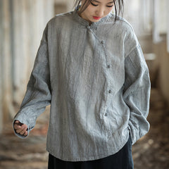 Chinese stand-up collar frog button long-sleeved shirt, vintage tie-dye stone-washed pleated cotton linen shirt