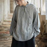 Chinese stand-up collar frog button long-sleeved shirt, vintage tie-dye stone-washed pleated cotton linen shirt