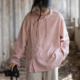 Vintage Chinese stand-up collar frog button long sleeve shirt, tie-dye stone washed pleated cotton linen shirt