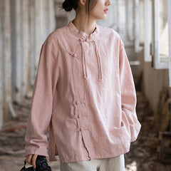 Vintage Chinese stand-up collar frog button long sleeve shirt, tie-dye stone washed pleated cotton linen shirt