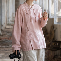 Vintage Chinese stand-up collar frog button long sleeve shirt, tie-dye stone washed pleated cotton linen shirt