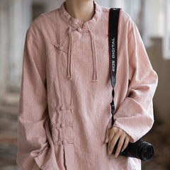 Vintage Chinese stand-up collar frog button long sleeve shirt, tie-dye stone washed pleated cotton linen shirt