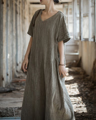 Loose V-neck stonewashed pleated tie-dye dress, summer vintage casual dresses