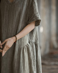 Loose V-neck stonewashed pleated tie-dye dress, summer vintage casual dresses