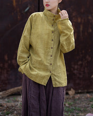 Women's Standing Collar Cotton Linen Stone Washed Shirt, Summer Loose Tie-Dye Long Sleeve Shirt