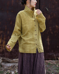 Women's Standing Collar Cotton Linen Stone Washed Shirt, Summer Loose Tie-Dye Long Sleeve Shirt