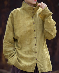 Women's Standing Collar Cotton Linen Stone Washed Shirt, Summer Loose Tie-Dye Long Sleeve Shirt