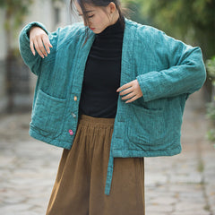 Winter Cotton Linen Kimono , Women's Winter Jacket,Vintage V-neck cotton linen jacket
