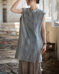Vintage Standing Collar Cotton Linen Dress, Sleeveless Summer Dress