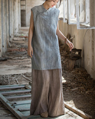 Vintage Standing Collar Cotton Linen Dress, Sleeveless Summer Dress