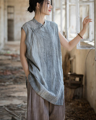 Vintage Standing Collar Cotton Linen Dress, Sleeveless Summer Dress