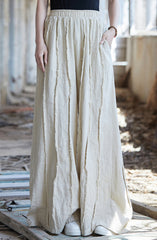 Linen wide leg pants, stone washed vintage cotton linen pants, elastic waist loose pants