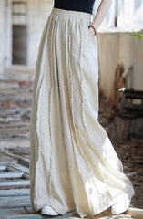 Linen wide leg pants, stone washed vintage cotton linen pants, elastic waist loose pants
