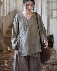 Vintage V-neck cotton linen shirt, Chinese long-sleeved cotton and linen frog button shirt