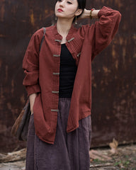 Vintage stand-up collar cotton linen shirt, Chinese long-sleeved cotton linen frog button shirt