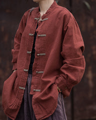 Vintage stand-up collar cotton linen shirt, Chinese long-sleeved cotton linen frog button shirt