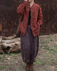 Vintage stand-up collar cotton linen shirt, Chinese long-sleeved cotton linen frog button shirt