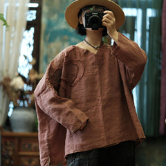 Vintage Embroidery Patchwork Ramie Long Sleeve Shirt, Vintage Pure Ramie Literary Hand Embroidered Applique Shirt Top 240621