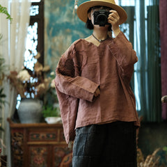 Vintage Embroidery Patchwork Ramie Long Sleeve Shirt, Vintage Pure Ramie Literary Hand Embroidered Applique Shirt Top 240621