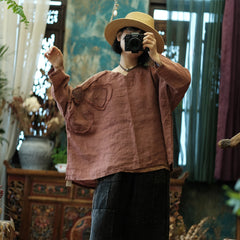 Vintage Embroidery Patchwork Ramie Long Sleeve Shirt, Vintage Pure Ramie Literary Hand Embroidered Applique Shirt Top 240621