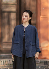 2026 Spring New Arrival: Boho-Retro Stand-Collar Distressed Double-Breasted Button-Down Cotton-Linen Blouse for Women