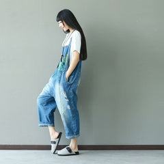 Hand-painted cotton overalls, women's denim overalls, stonewashed loose overalls