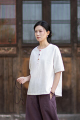 Round-Neck Chinese-Style Blouse: New Summer Style, Retro-Chic, Stitched Color-Blocking, Button-Front Short-Sleeve T-Shirt 20260511