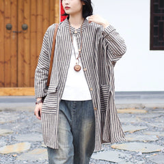 Vintage Striped Long Sleeve Cotton Linen Shirt, Loose Casual Oversize Cotton Linen Shirt 20250408