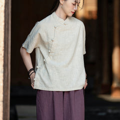 Cotton linen short-sleeved frog button shirt, summer vintage Chinese cotton shirt 20250328