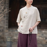 Cotton linen short-sleeved frog button shirt, vintage Chinese cotton linen shirt 20250328