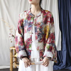 Vintage Chinese Standing Collar Loose Frog Button Shirt, Printed Cotton Linen Jacket 20250408