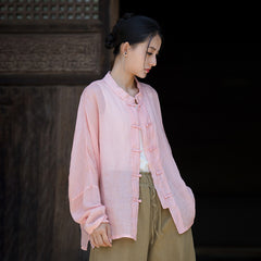 Summer Ramie Chinese Standing Collar Shirt,Sand Washed Frog Button Women's Long Sleeve Shirt 20240714