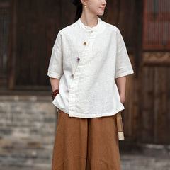 Cotton linen short-sleeved frog button shirt, vintage Chinese cotton linen shirt 20250328