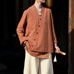 Summer V-neck cotton linen jacket, vintage casual loose kimonot 20250328