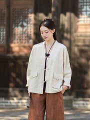 2026 Spring New Arrival: Vintage-inspired, distressed, sand-washed asymmetrical cardigan; niche-style patchwork V-neck cotton-linen jacket with button closures