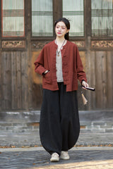 2026 New Arrival: Women's Long-Sleeve Cotton-Linen Blouse, Loose-Fit Chinese-Style Stand-Up Collar with Button-Down Front